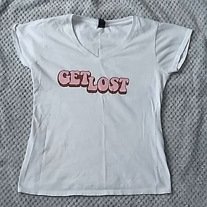 Brand is Anvil the size is small ladies and the color is white with pink letters